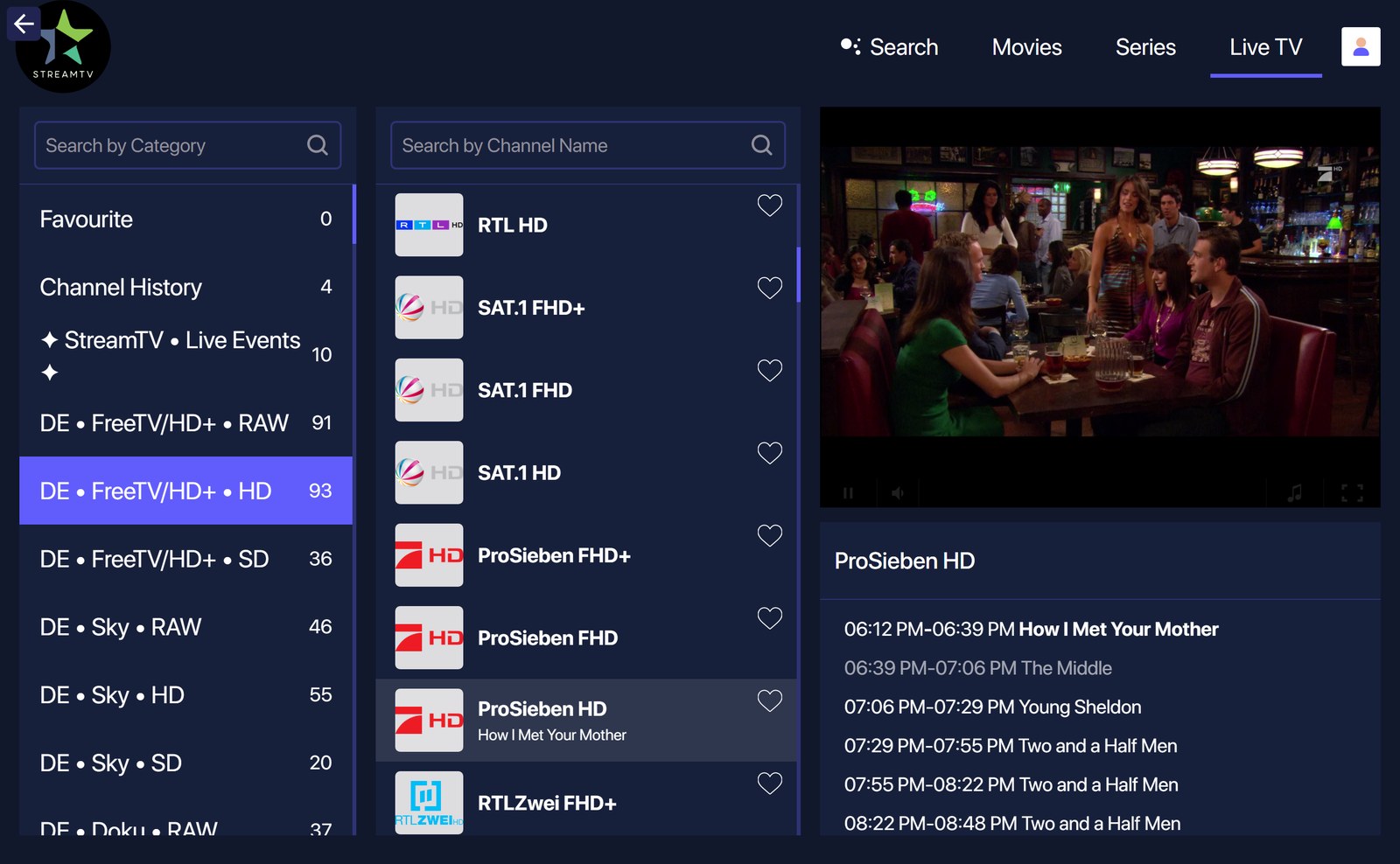 VenneTV PC-Player – Live-TV-Hauptscreen