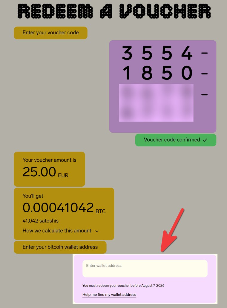 Azteco Redeem-Screen: Voucher bestätigt, Bitcoin-Wallet-Adresse eintragen