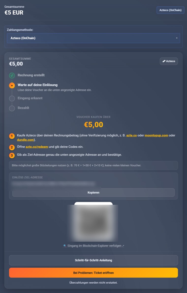 Rechnungsseite mit Bitcoin-Adresse, QR-Code und Betrag