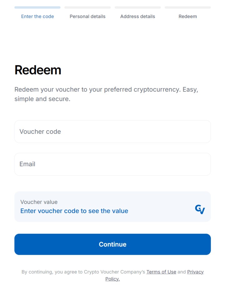 CryptoVoucher: Code und E-Mail eingeben